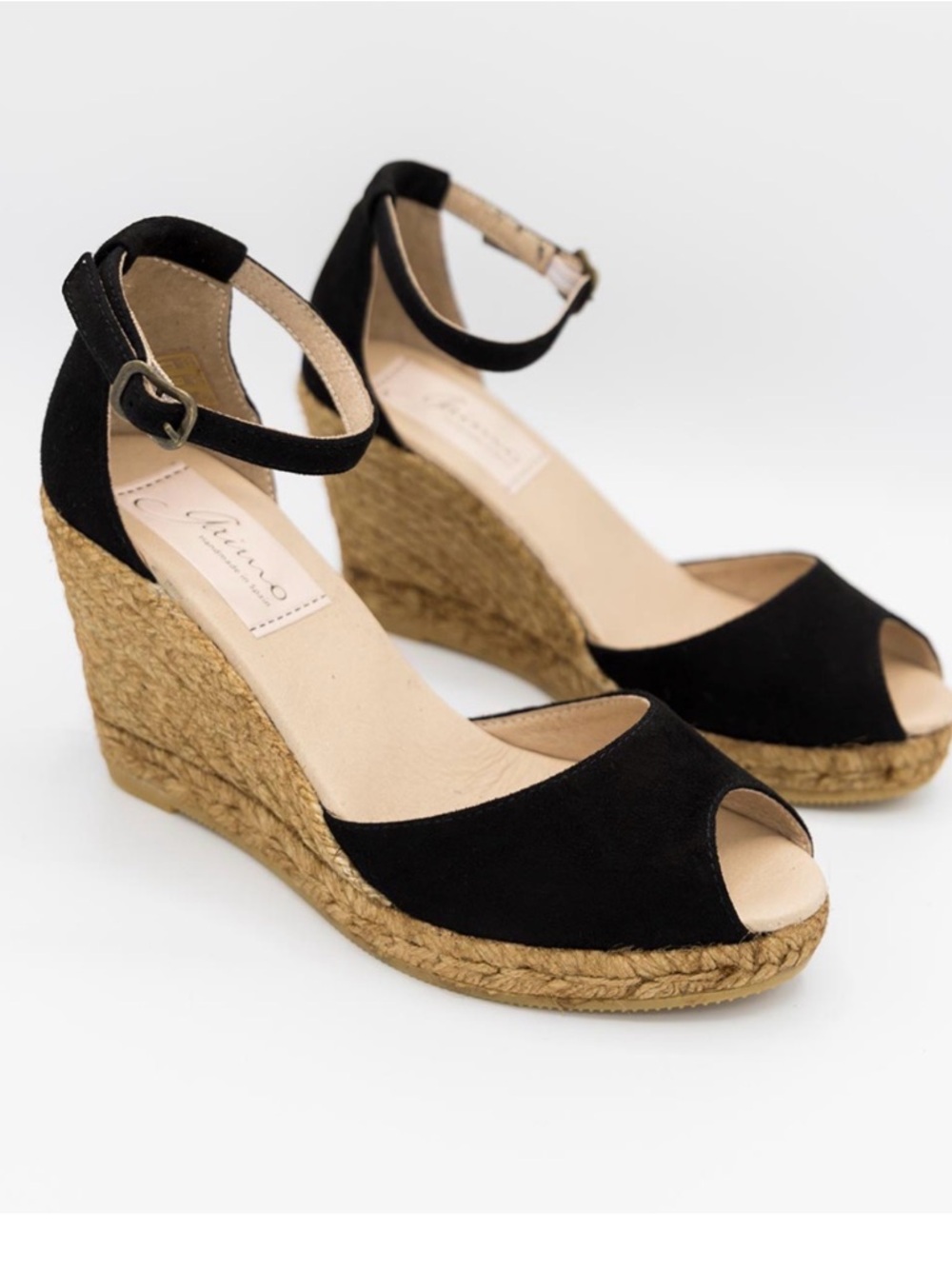 Gaimo Black Espadrille Wedge Peep-Toe Sandals with Ankle Strap